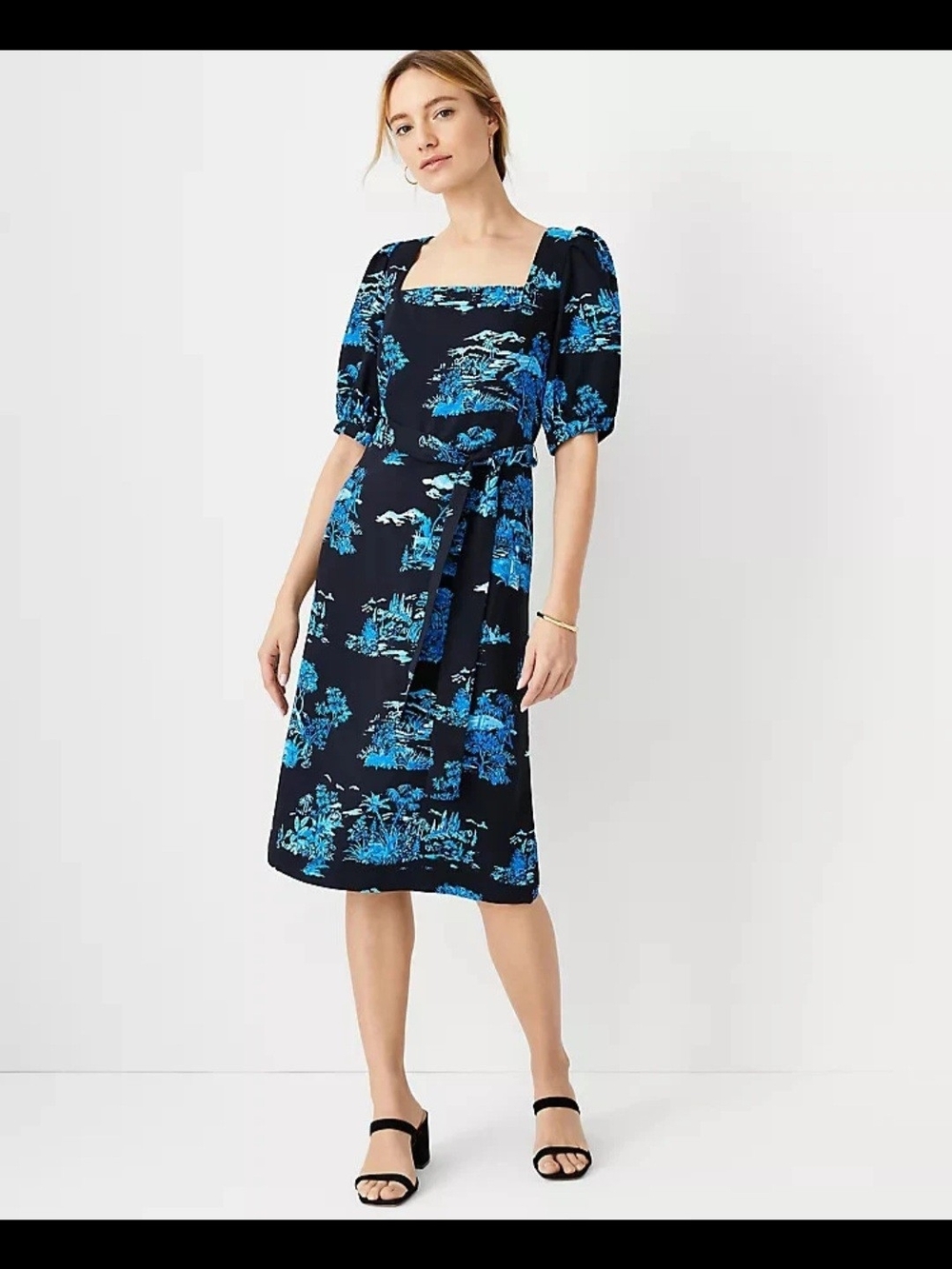 Ann Taylor Navy Midi Dress with Bright Blue Floral Print